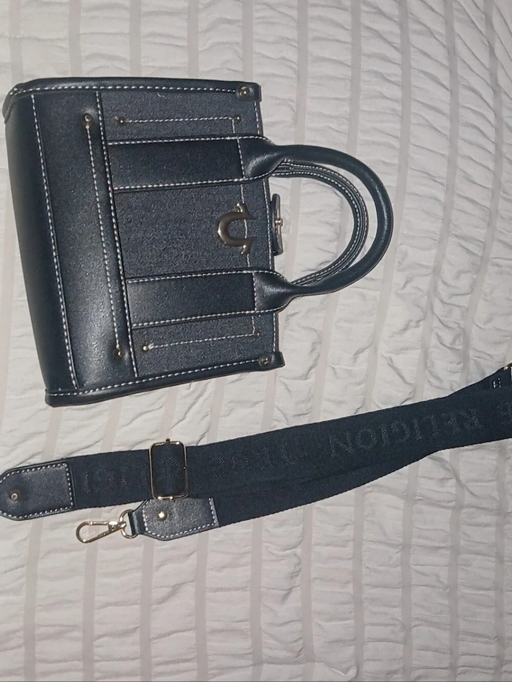 Classic True Religion Black Women's Tote Bag with Gold Accent With Strap